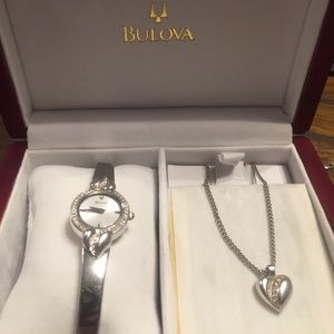 Bulova Crystal Heart Watch & Necklace